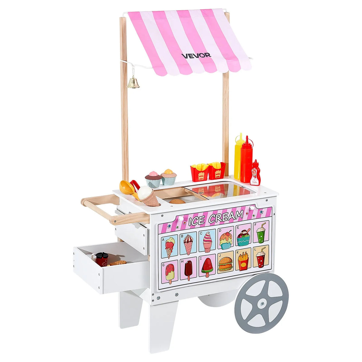 VEVOR Ice Cream Cart for Children Aged 3–7 with 20+ Accessories, Canopy and Freezer