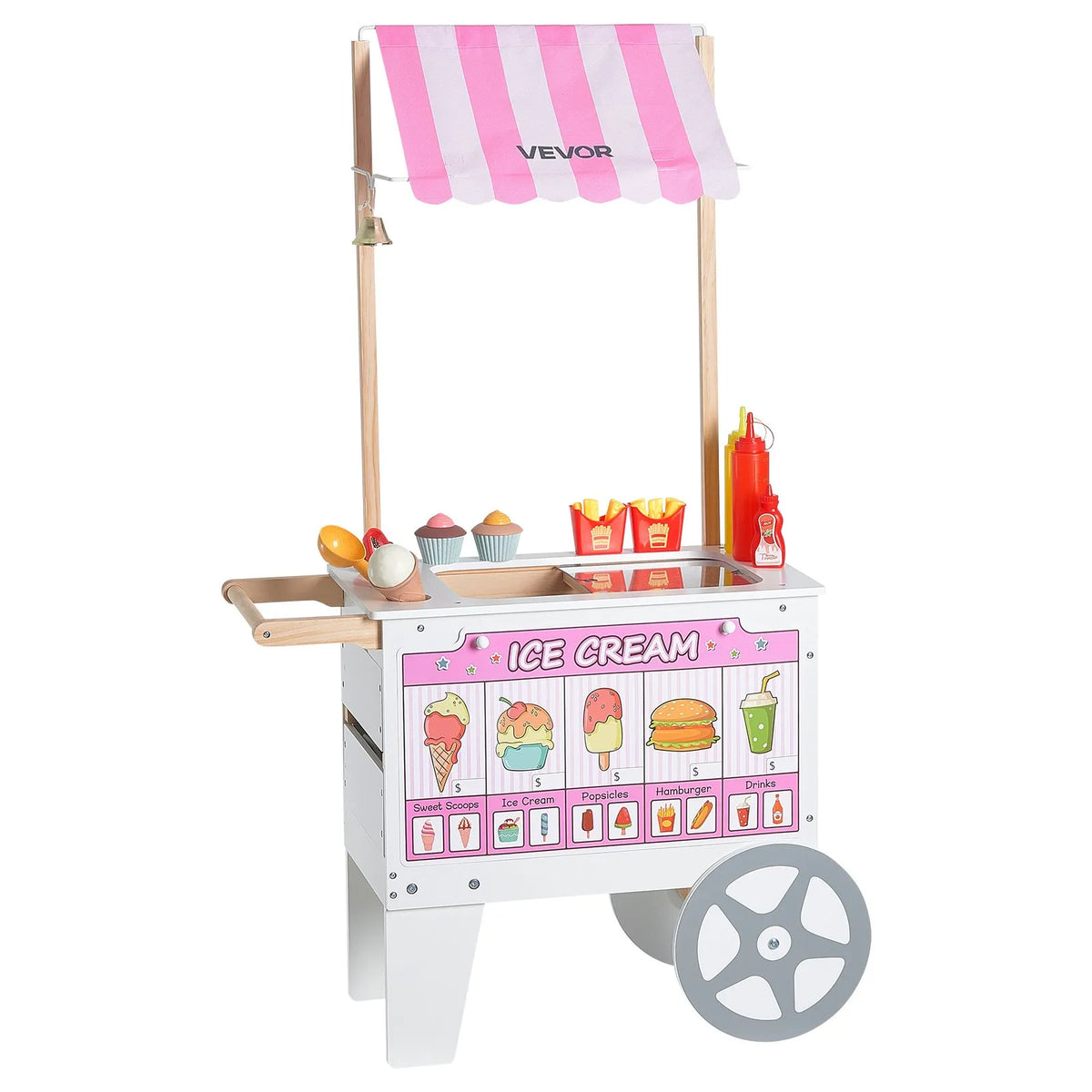 VEVOR Ice Cream Cart for Children Aged 3–7 with 20+ Accessories, Canopy and Freezer