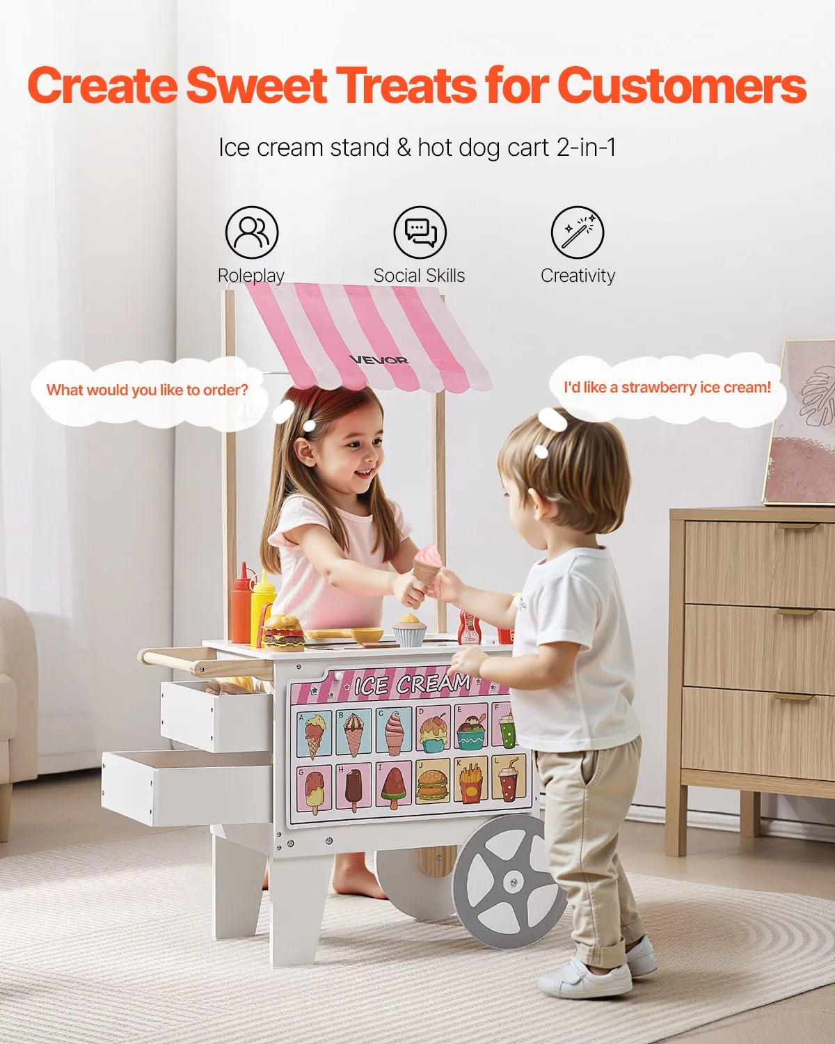 VEVOR Ice Cream Cart for Children Aged 3–7 with 20+ Accessories, Canopy and Freezer