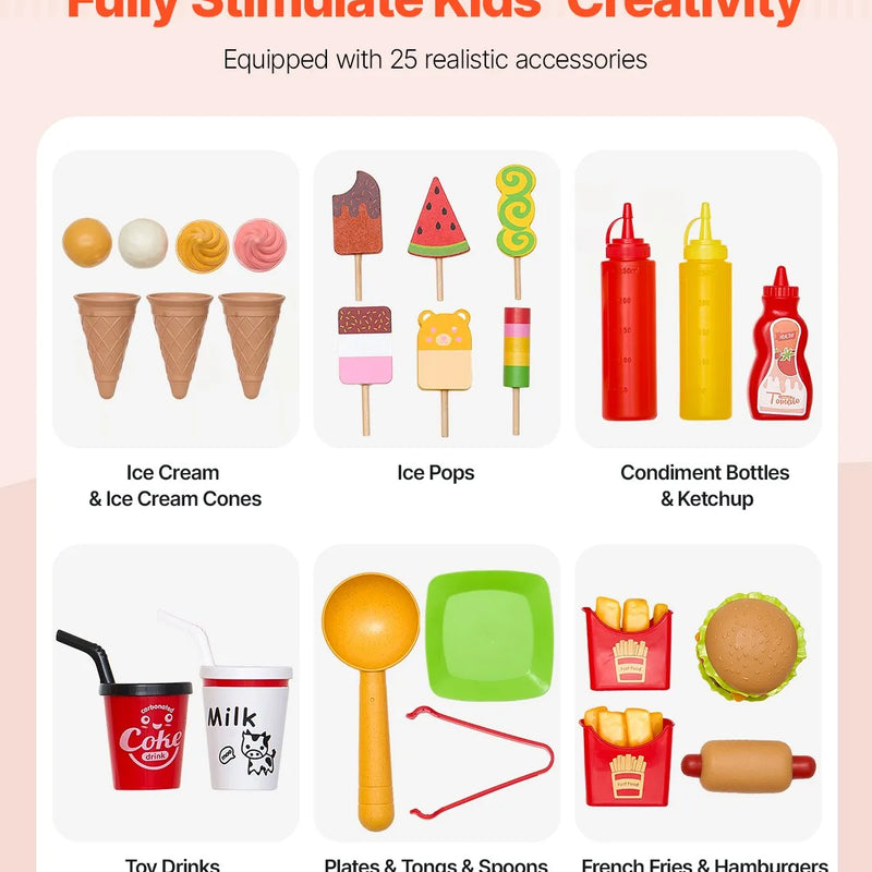 VEVOR bērnu saldējuma ratiņi ar vairāk nekā 20 piederumiem, rotaļu saldējuma veikala komplekts lomu spēlēm ar vafelēm un saldējumu uz kociņa, ar markīzi, saldētavu, atvilktnēm un grozāmiem ēdienkartes paneļiem bērniem no 3 līdz 7 gadiem