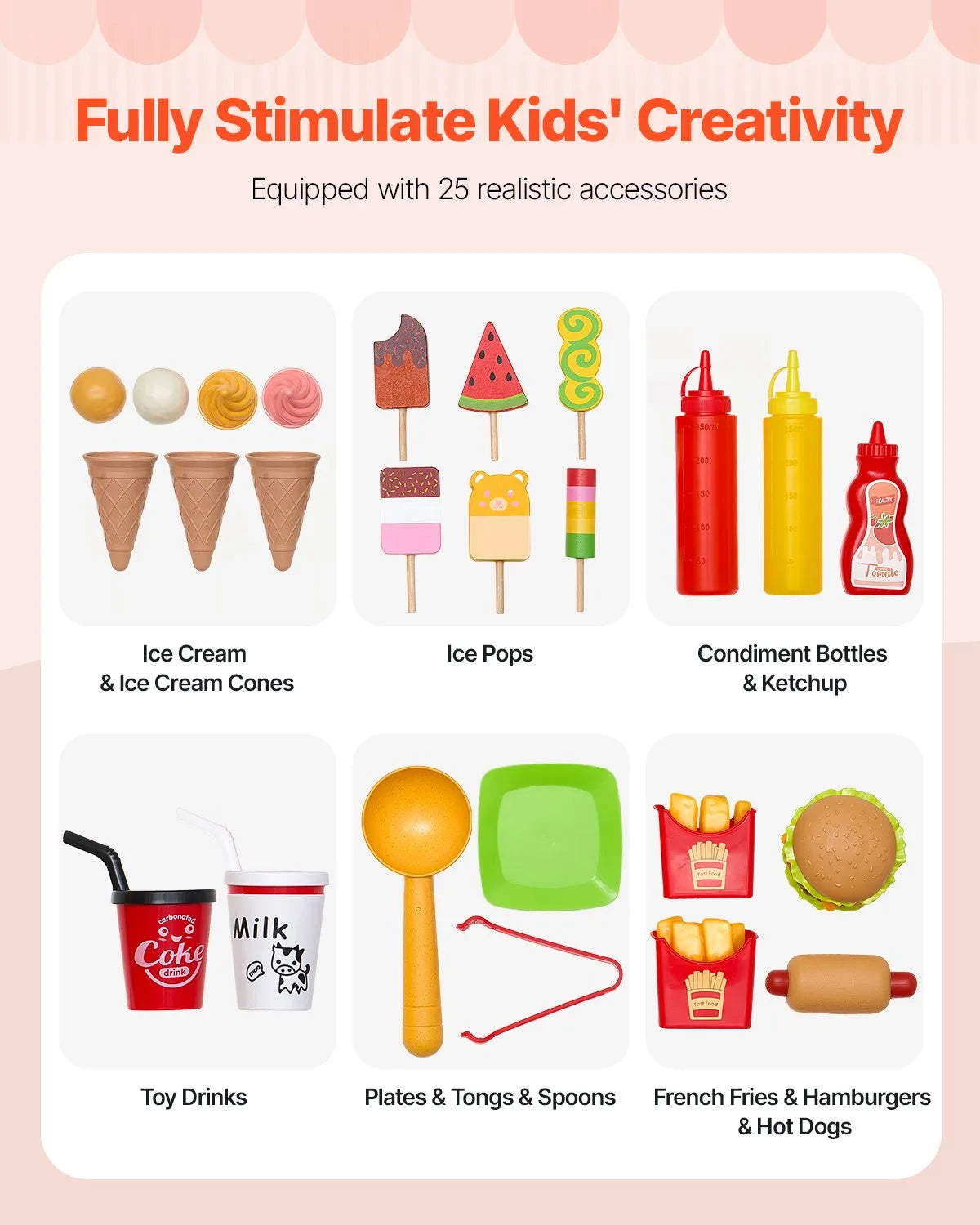 VEVOR Ice Cream Cart for Children Aged 3–7 with 20+ Accessories, Canopy and Freezer