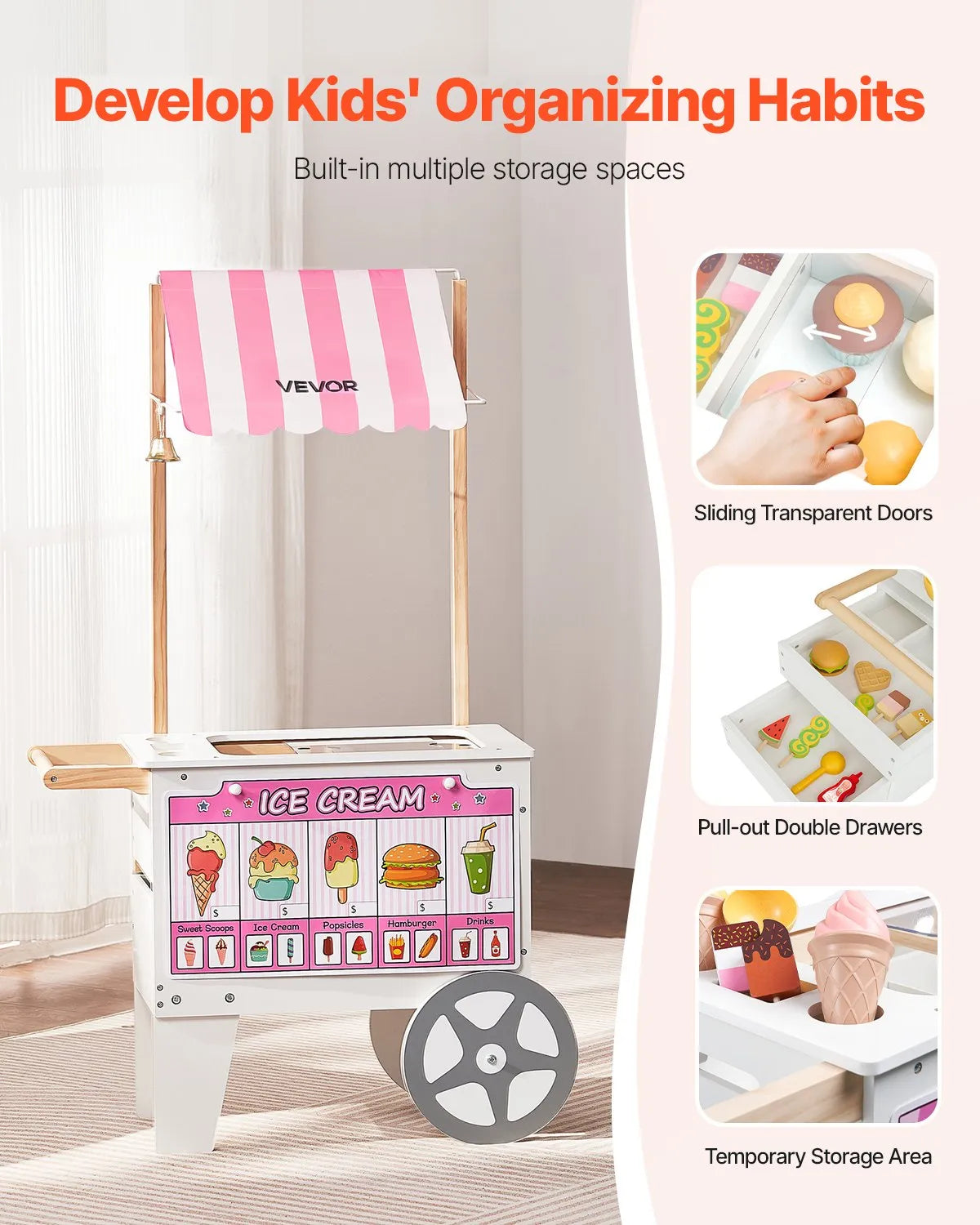 VEVOR Ice Cream Cart for Children Aged 3–7 with 20+ Accessories, Canopy and Freezer