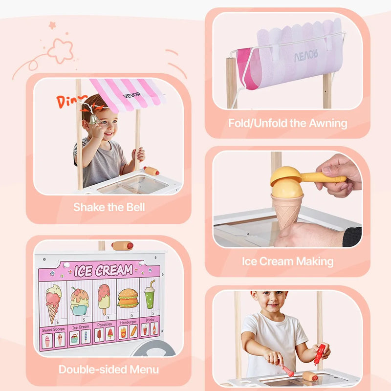 VEVOR bērnu saldējuma ratiņi ar vairāk nekā 20 piederumiem, rotaļu saldējuma veikala komplekts lomu spēlēm ar vafelēm un saldējumu uz kociņa, ar markīzi, saldētavu, atvilktnēm un grozāmiem ēdienkartes paneļiem bērniem no 3 līdz 7 gadiem