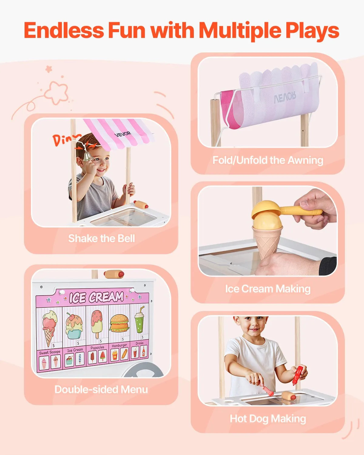 VEVOR Ice Cream Cart for Children Aged 3–7 with 20+ Accessories, Canopy and Freezer