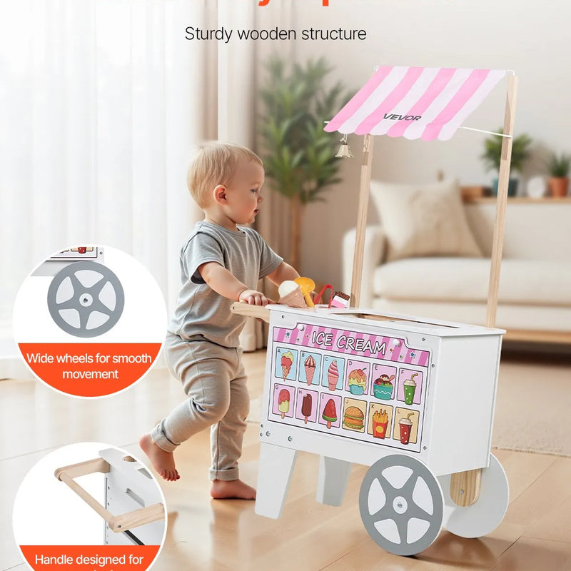 VEVOR bērnu saldējuma ratiņi ar vairāk nekā 20 piederumiem, rotaļu saldējuma veikala komplekts lomu spēlēm ar vafelēm un saldējumu uz kociņa, ar markīzi, saldētavu, atvilktnēm un grozāmiem ēdienkartes paneļiem bērniem no 3 līdz 7 gadiem