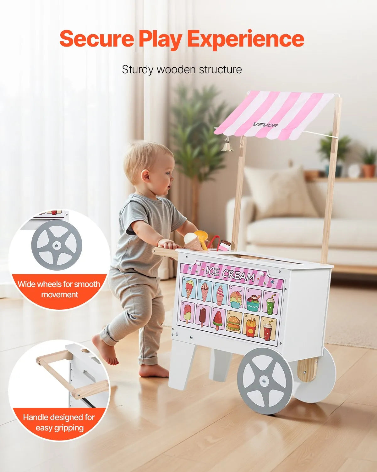 VEVOR Ice Cream Cart for Children Aged 3–7 with 20+ Accessories, Canopy and Freezer