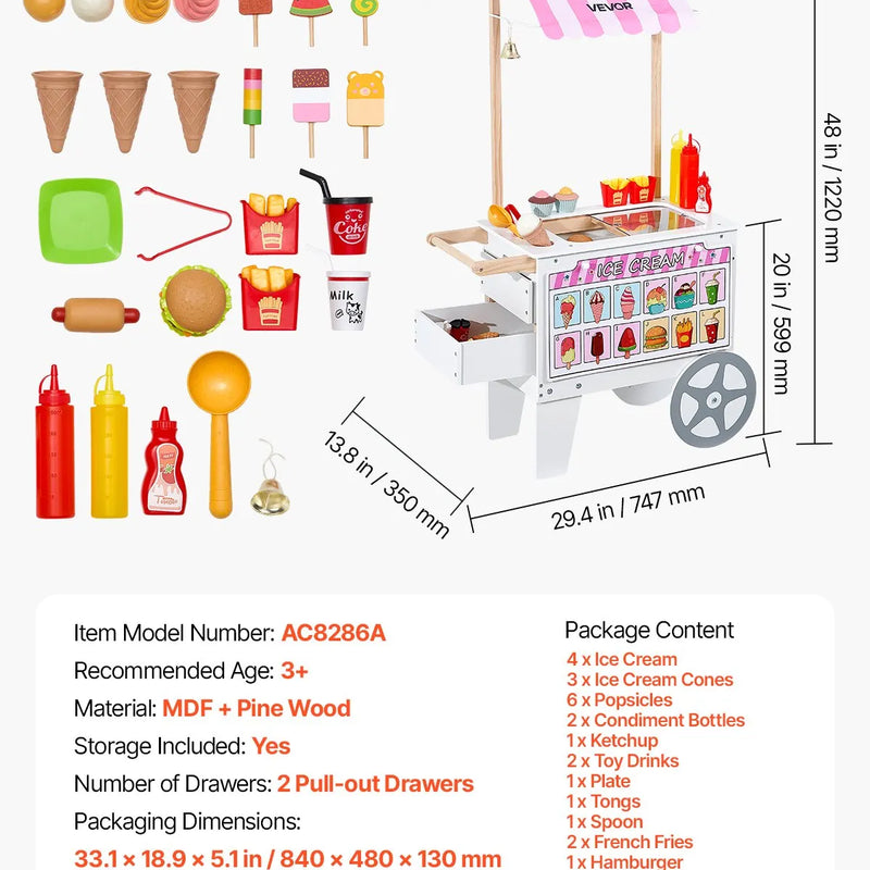 VEVOR bērnu saldējuma ratiņi ar vairāk nekā 20 piederumiem, rotaļu saldējuma veikala komplekts lomu spēlēm ar vafelēm un saldējumu uz kociņa, ar markīzi, saldētavu, atvilktnēm un grozāmiem ēdienkartes paneļiem bērniem no 3 līdz 7 gadiem