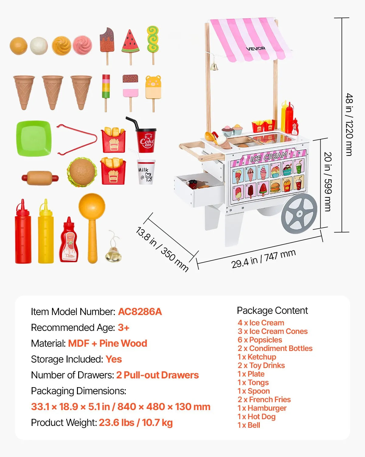 VEVOR Ice Cream Cart for Children Aged 3–7 with 20+ Accessories, Canopy and Freezer