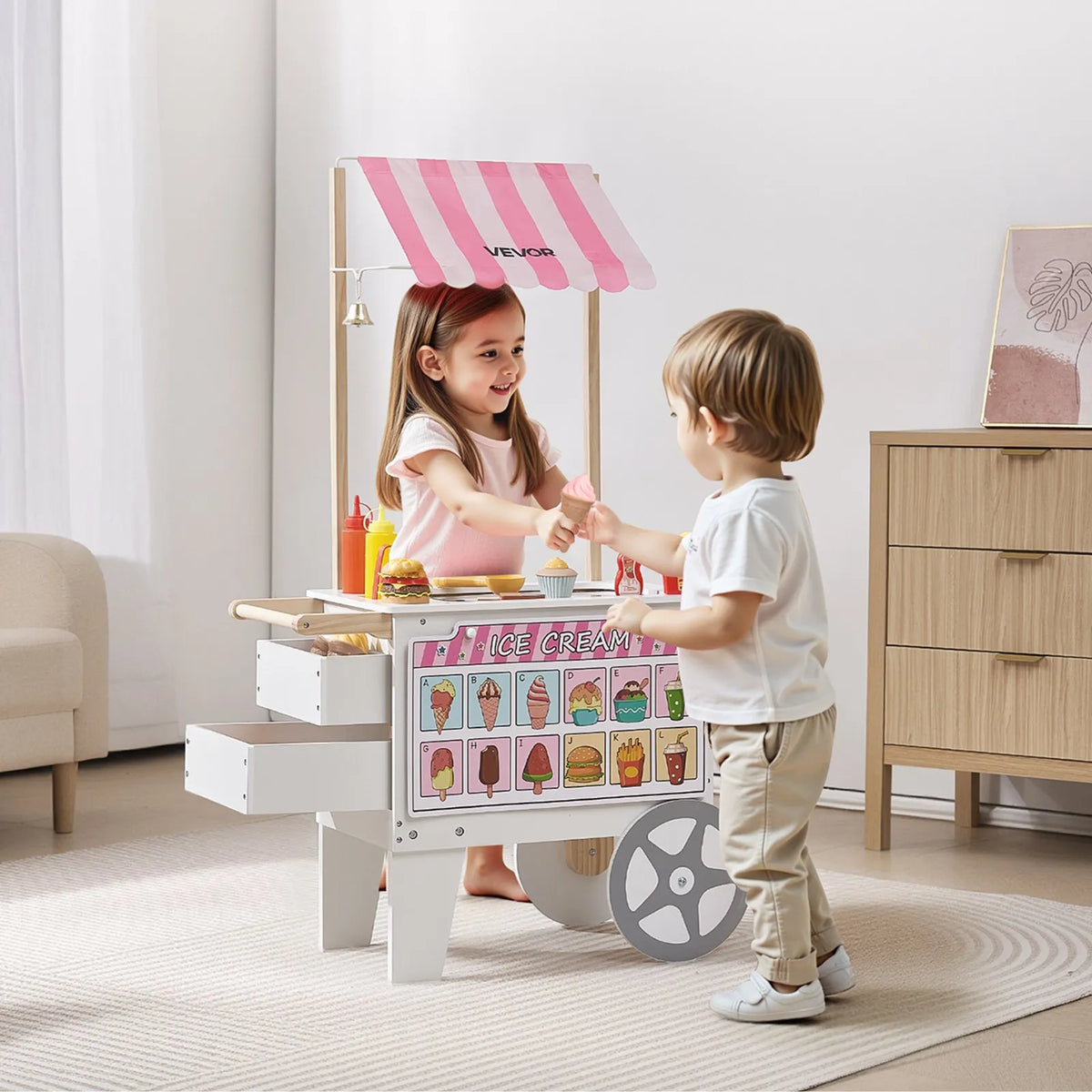 VEVOR Ice Cream Cart for Children Aged 3–7 with 20+ Accessories, Canopy and Freezer
