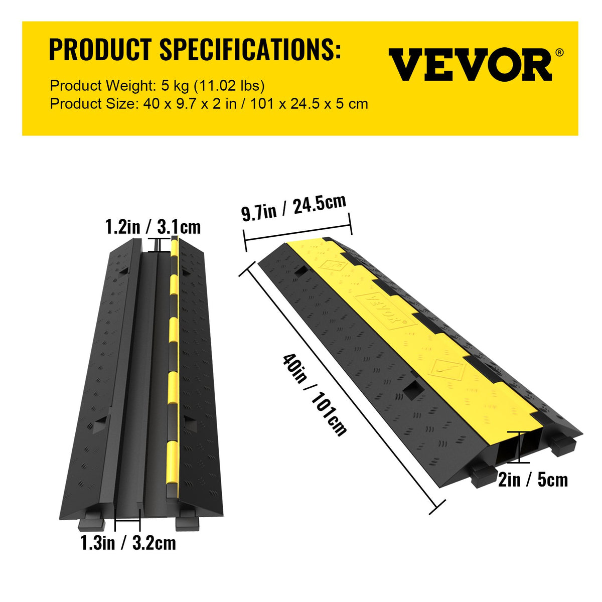 VEVOR Cable Protector Speed Bump, 5 Pieces with 2 Channels Modular Rubber Speed Bump with 5000 kg Load Capacity, Protective Cable Ramp for Driveways, Rubber Speed Bumps and Cable Protectors