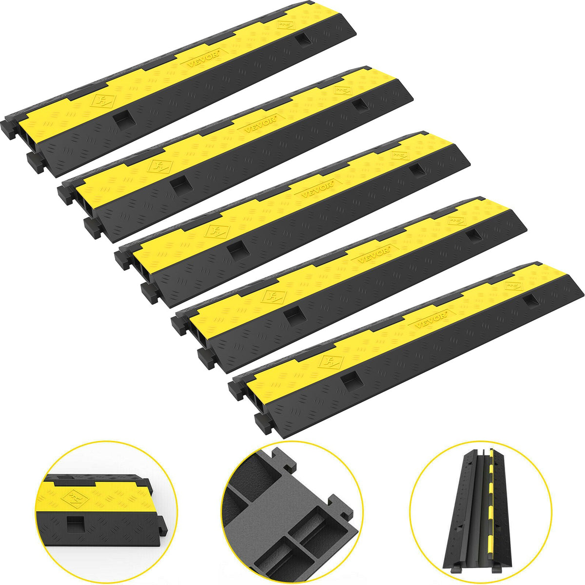VEVOR Cable Protector Speed Bump, 5 Pieces with 2 Channels Modular Rubber Speed Bump with 5000 kg Load Capacity, Protective Cable Ramp for Driveways, Rubber Speed Bumps and Cable Protectors