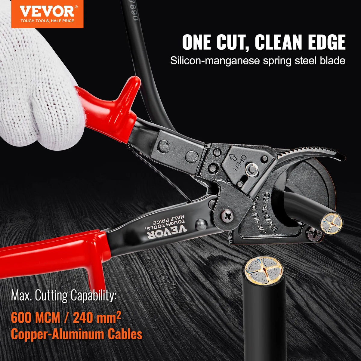 VEVOR Ratchet Cable Cutter 25.4 cm, Cuts Up to 240 mm², with Ergonomic Handle, Quick-Release Lever and Silicon-Manganese Steel Blade