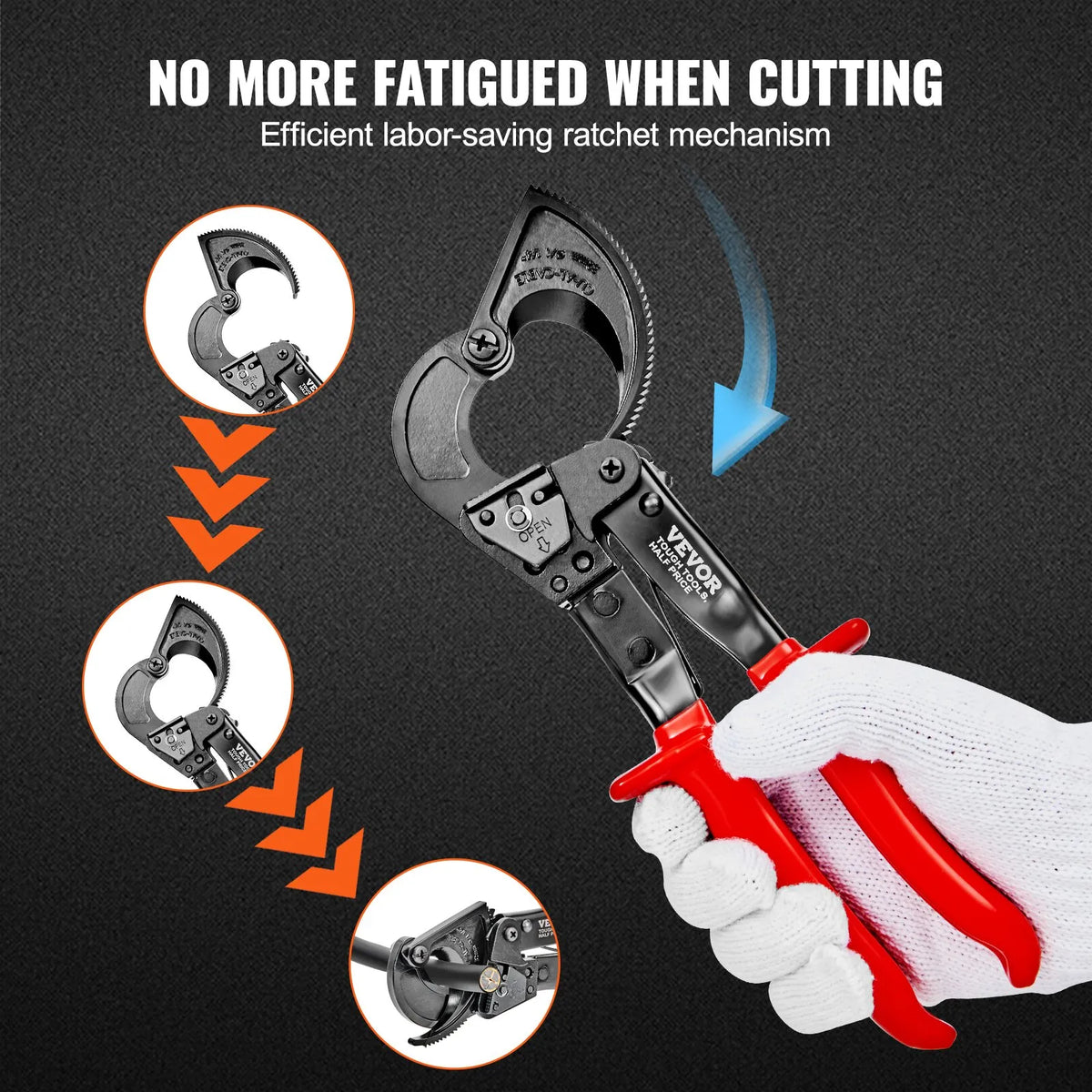 VEVOR Ratchet Cable Cutter 25.4 cm, Cuts Up to 240 mm², with Ergonomic Handle, Quick-Release Lever and Silicon-Manganese Steel Blade
