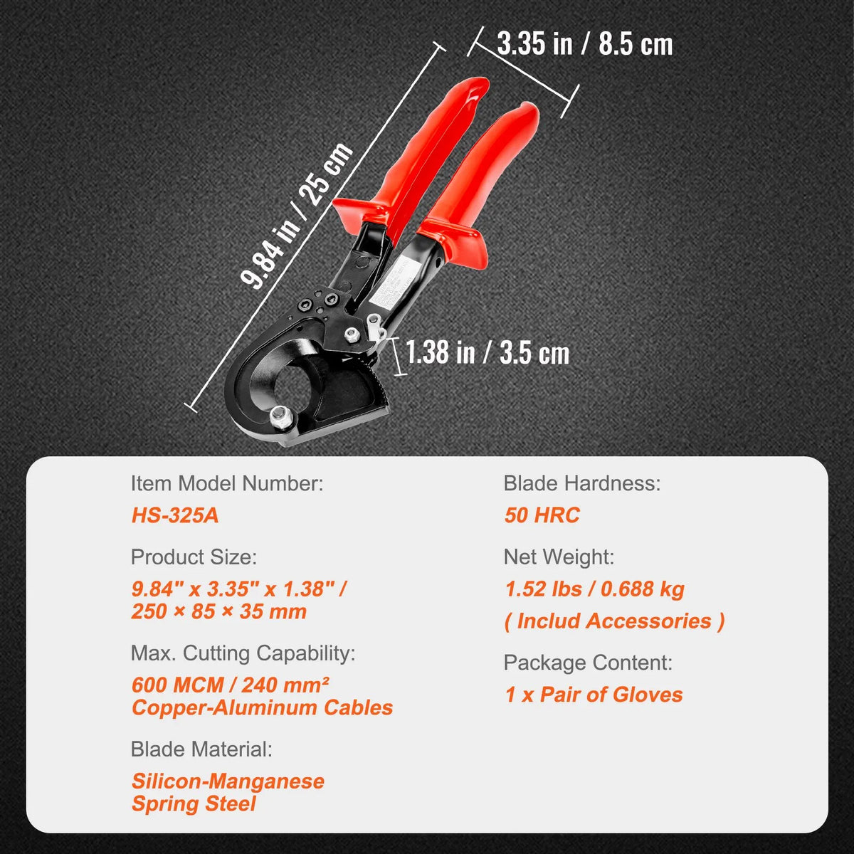 VEVOR Ratchet Cable Cutter 25.4 cm, Cuts Up to 240 mm², with Ergonomic Handle, Quick-Release Lever and Silicon-Manganese Steel Blade
