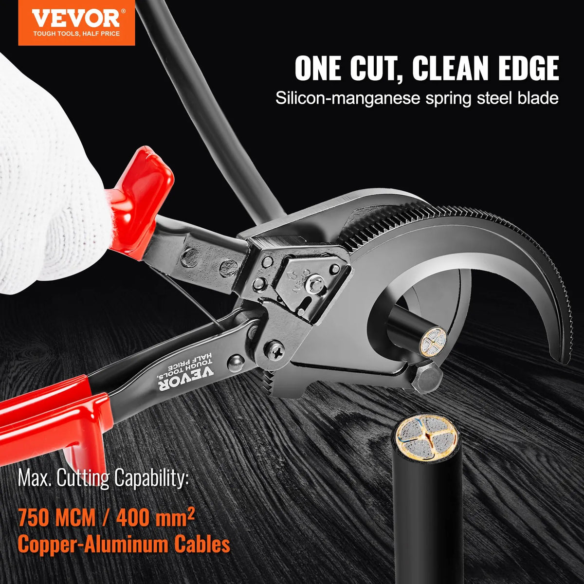 VEVOR Ratchet Cable Cutter 280 mm, Cuts up to 400 mm², with Comfortable Handle, Quick-Release Lever and Silicon-Manganese Steel Blade