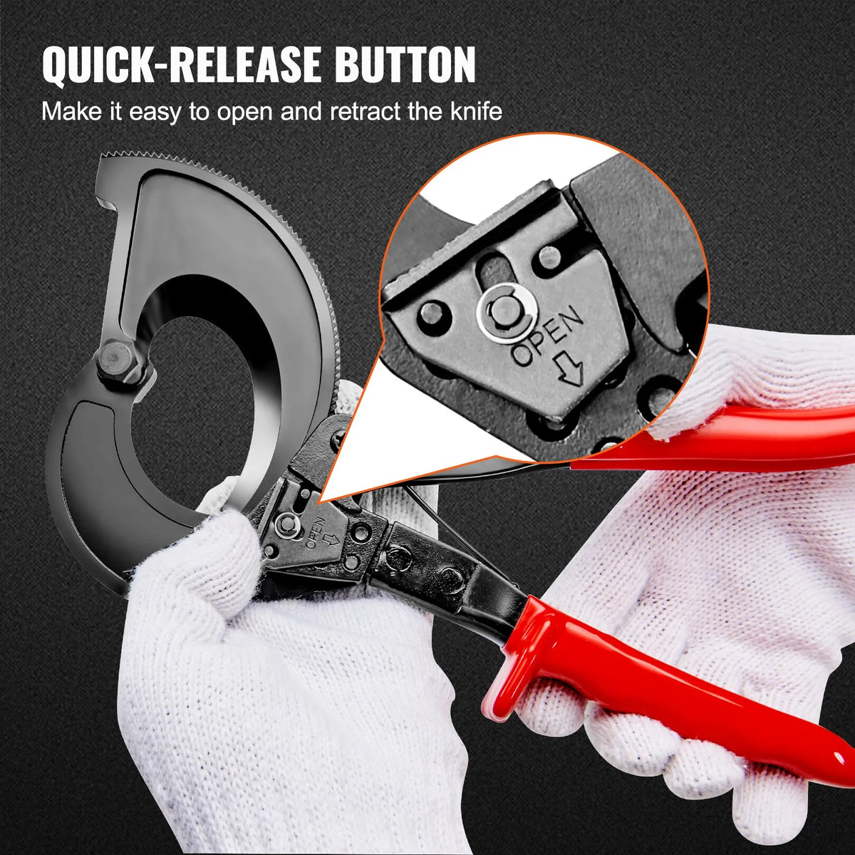 VEVOR Ratchet Cable Cutter 280 mm, Cuts up to 400 mm², with Comfortable Handle, Quick-Release Lever and Silicon-Manganese Steel Blade