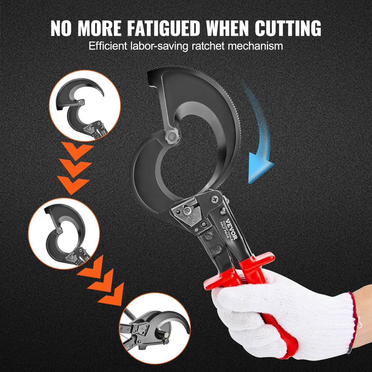 VEVOR Ratchet Cable Cutter 280 mm, Cuts up to 400 mm², with Comfortable Handle, Quick-Release Lever and Silicon-Manganese Steel Blade
