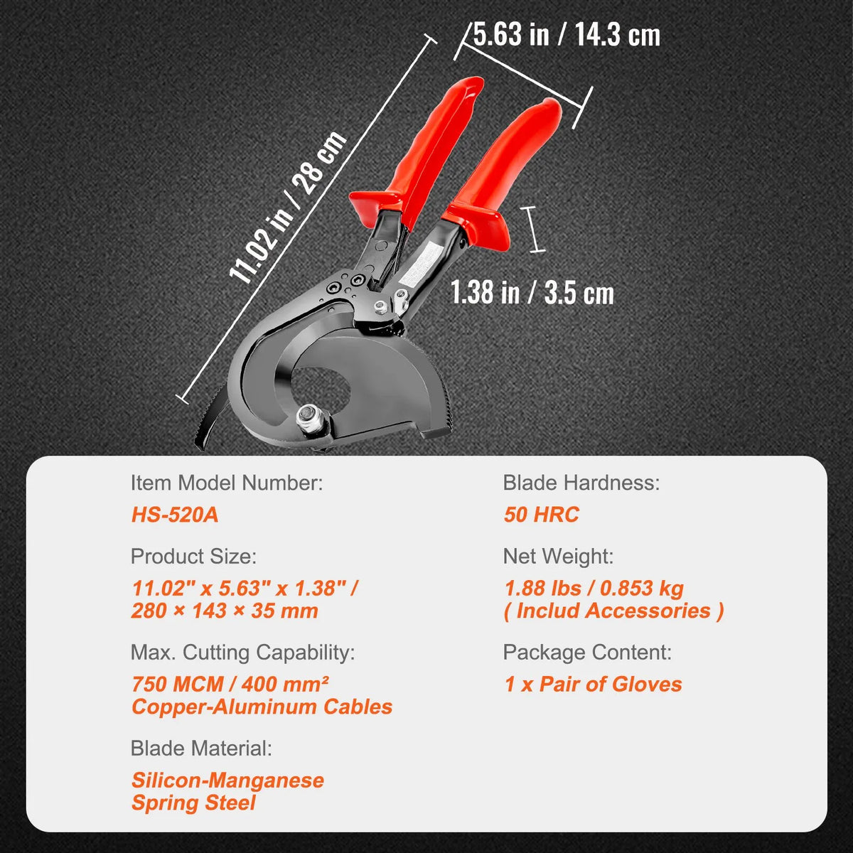 VEVOR Ratchet Cable Cutter 280 mm, Cuts up to 400 mm², with Comfortable Handle, Quick-Release Lever and Silicon-Manganese Steel Blade