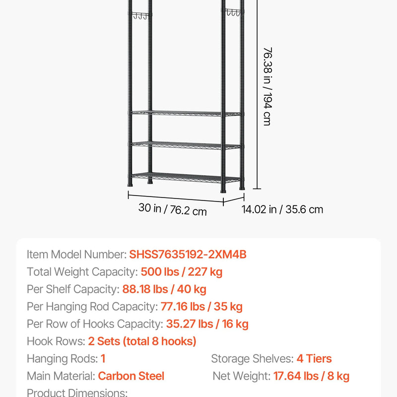 Regulējams apģērbu statīvs ar 4 līmeņiem, izgatavots no oglekļa tērauda, 227 kg kravnesība, piemērots guļamistabai, apģērbu veikalam un koridoram