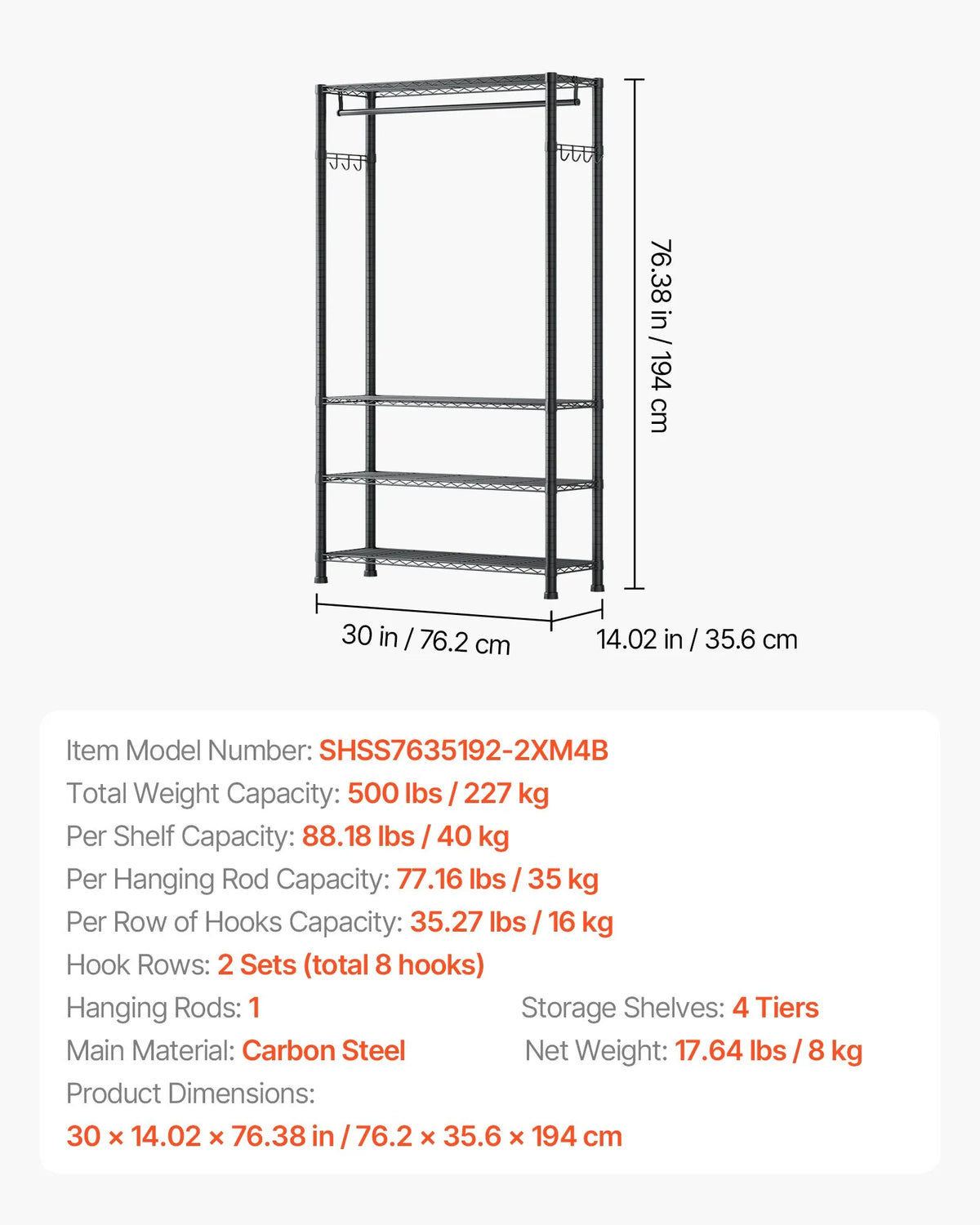 Adjustable 4-Tier Clothing Rack, Carbon Steel, 227 kg Load Capacity, Suitable for Bedroom, Clothing Store and Hallway