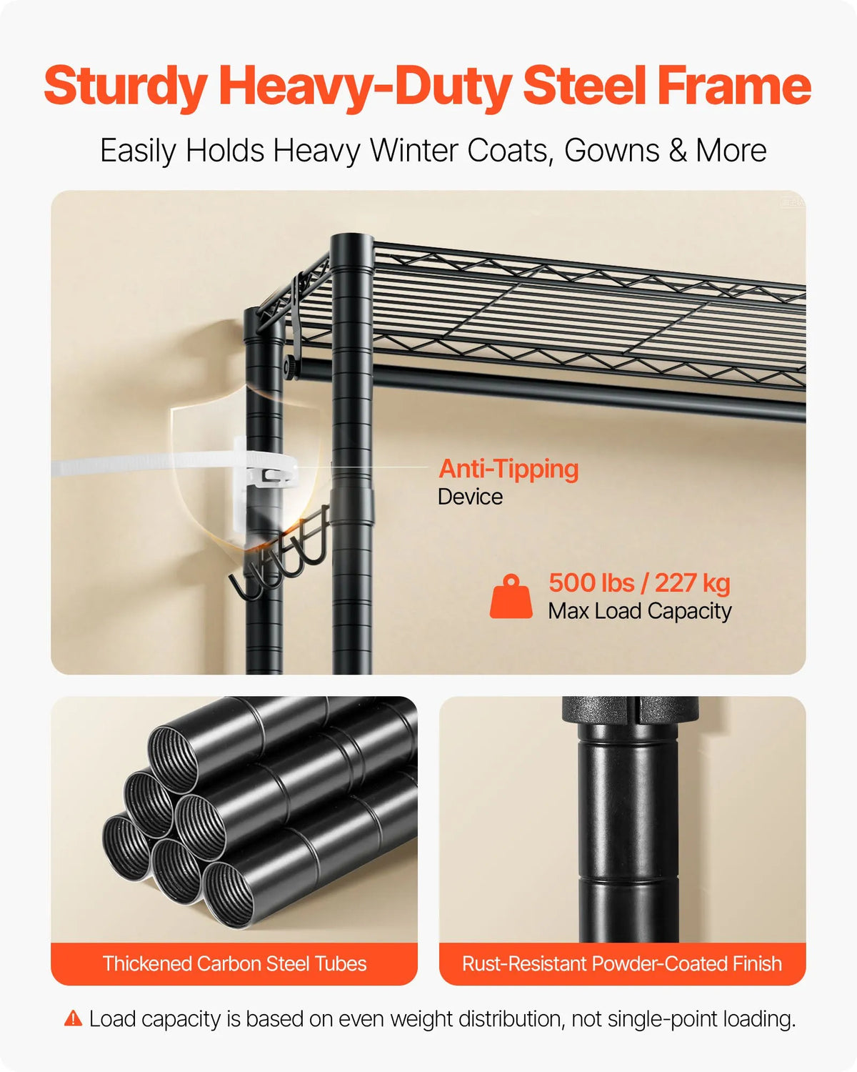 Adjustable 4-Tier Clothing Rack, Carbon Steel, 227 kg Load Capacity, Suitable for Bedroom, Clothing Store and Hallway