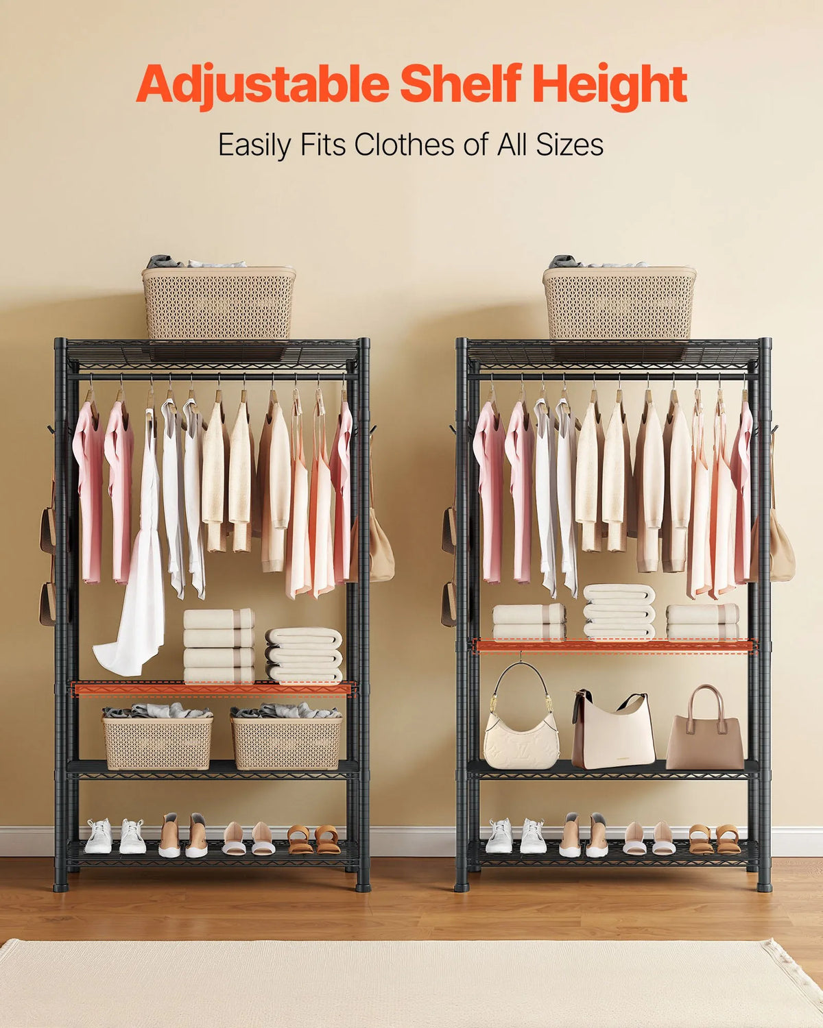 Adjustable 4-Tier Clothing Rack, Carbon Steel, 227 kg Load Capacity, Suitable for Bedroom, Clothing Store and Hallway