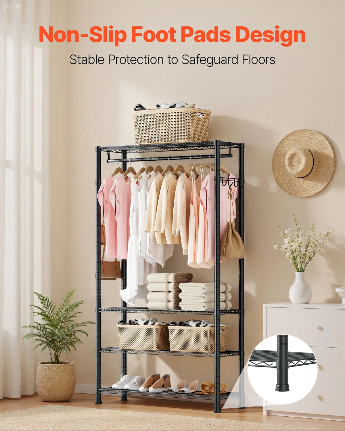 Adjustable 4-Tier Clothing Rack, Carbon Steel, 227 kg Load Capacity, Suitable for Bedroom, Clothing Store and Hallway