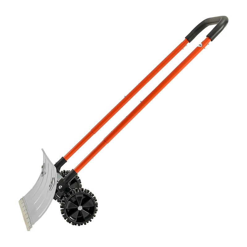 Sniega stūmējlāpsta ar riteņiem, 61 cm metāla sniega tīrīšanas lāpsta ar divvirzienu leņķotu asmeni un 90° regulējamu kātu, pārnēsājams sniega tīrīšanas rīks piebraucamajiem ceļiem un dārzam
