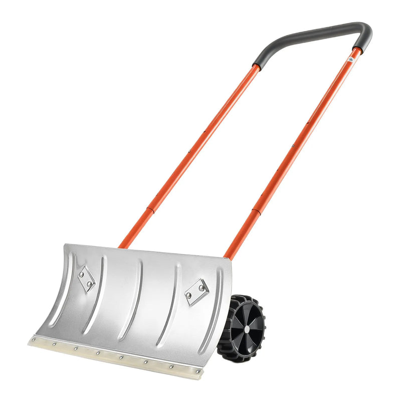 Sniega stūmējlāpsta ar riteņiem, 61 cm metāla sniega tīrīšanas lāpsta ar divvirzienu leņķotu asmeni un 90° regulējamu kātu, pārnēsājams sniega tīrīšanas rīks piebraucamajiem ceļiem un dārzam
