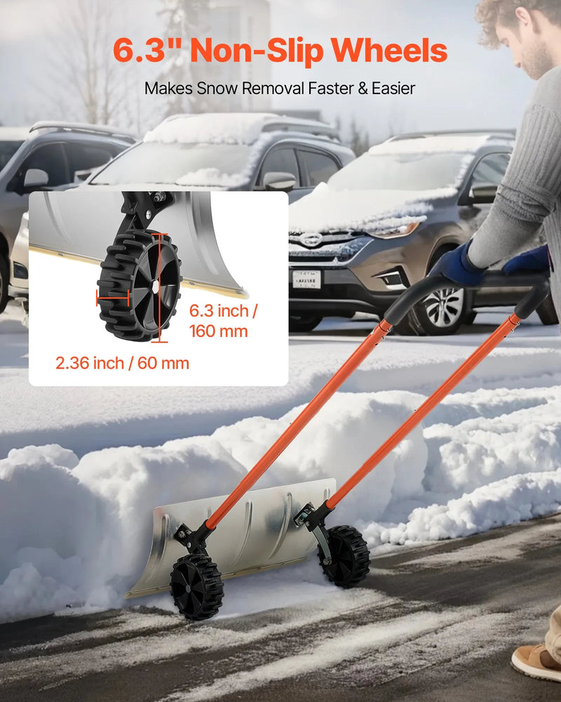 Sniega stūmējlāpsta ar riteņiem, 61 cm metāla sniega tīrīšanas lāpsta ar divvirzienu leņķotu asmeni un 90° regulējamu kātu, pārnēsājams sniega tīrīšanas rīks piebraucamajiem ceļiem un dārzam