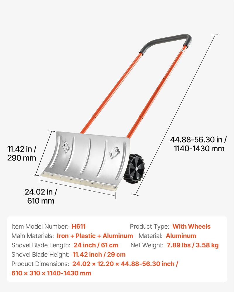 Sniega stūmējlāpsta ar riteņiem, 61 cm metāla sniega tīrīšanas lāpsta ar divvirzienu leņķotu asmeni un 90° regulējamu kātu, pārnēsājams sniega tīrīšanas rīks piebraucamajiem ceļiem un dārzam