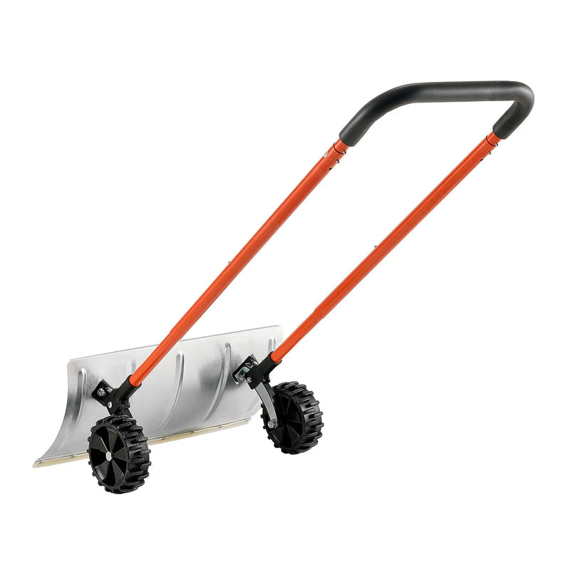 Sniega stūmējlāpsta ar riteņiem, 61 cm metāla sniega tīrīšanas lāpsta ar divvirzienu leņķotu asmeni un 90° regulējamu kātu, pārnēsājams sniega tīrīšanas rīks piebraucamajiem ceļiem un dārzam