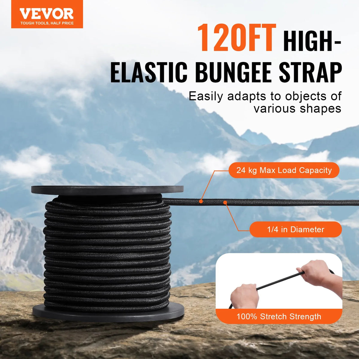 6.35 mm rubber rope, 36 m roll, heavy-duty rubber fasteners with 100% stretch