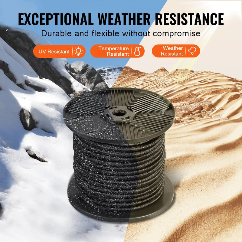 6,35 mm gumijas virve, 36 m rullis, smagā tipa gumijas stiprinājumi ar 100% izstiepumu