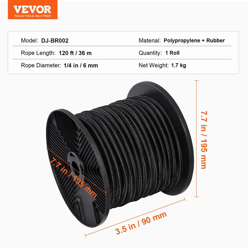 6,35 mm gumijas virve, 36 m rullis, smagā tipa gumijas stiprinājumi ar 100% izstiepumu