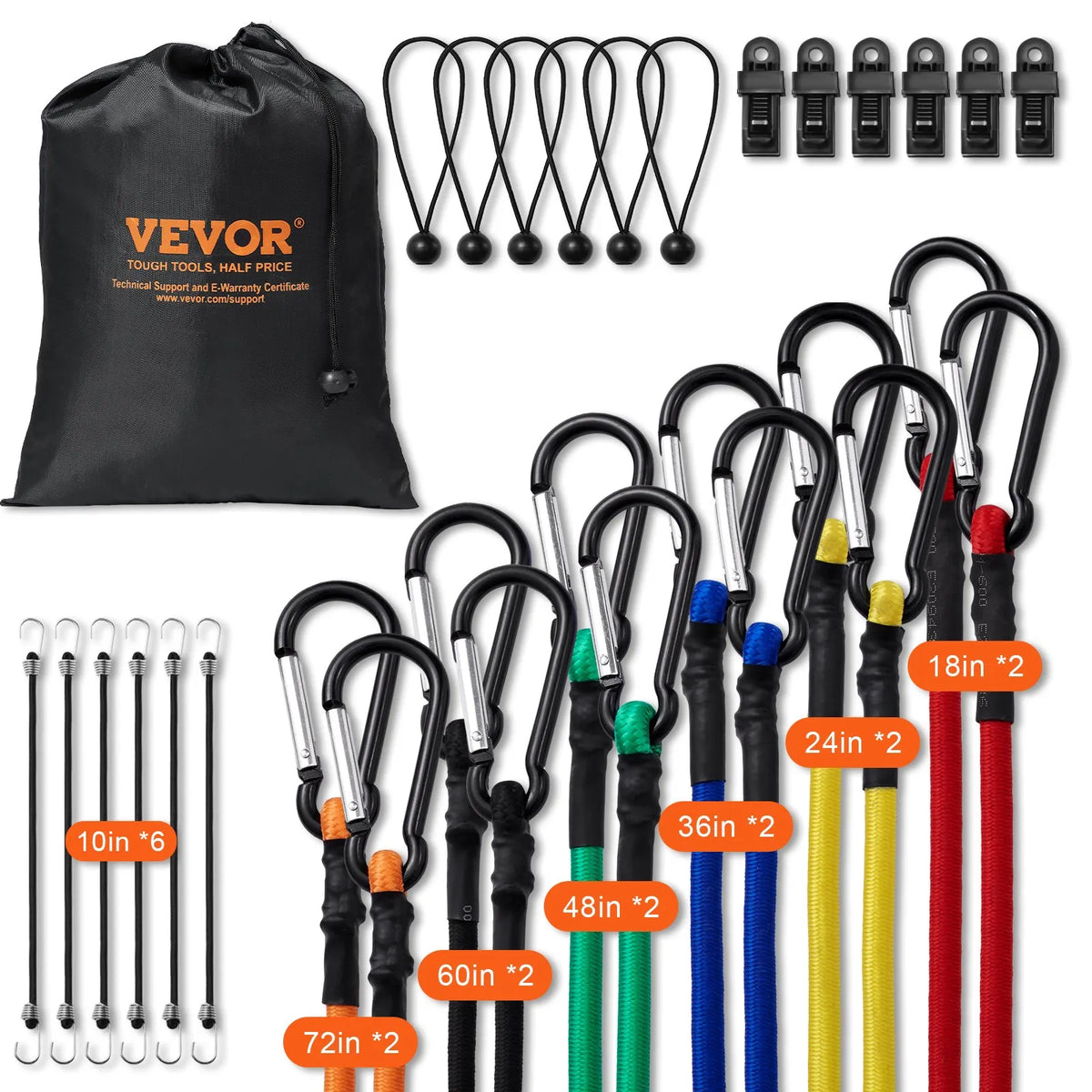 30 Piece 8 mm Heavy Duty Elastic Bungee Cord Set with Steel Carabiners