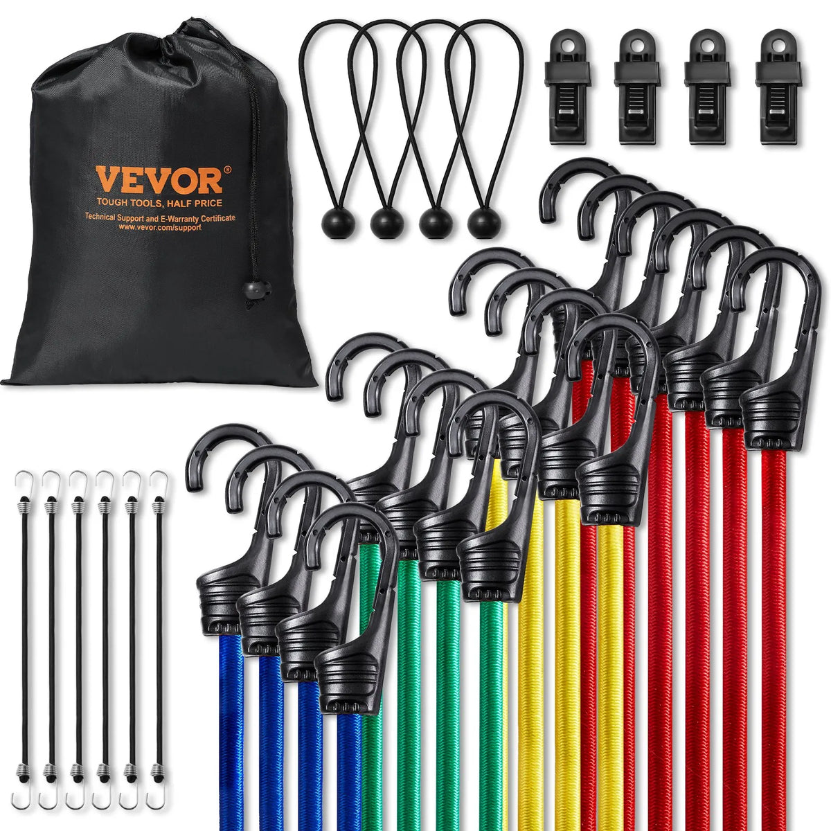 32 Piece Heavy Duty Elastic Bungee Cord Set 8 mm with A3 Steel Hooks
