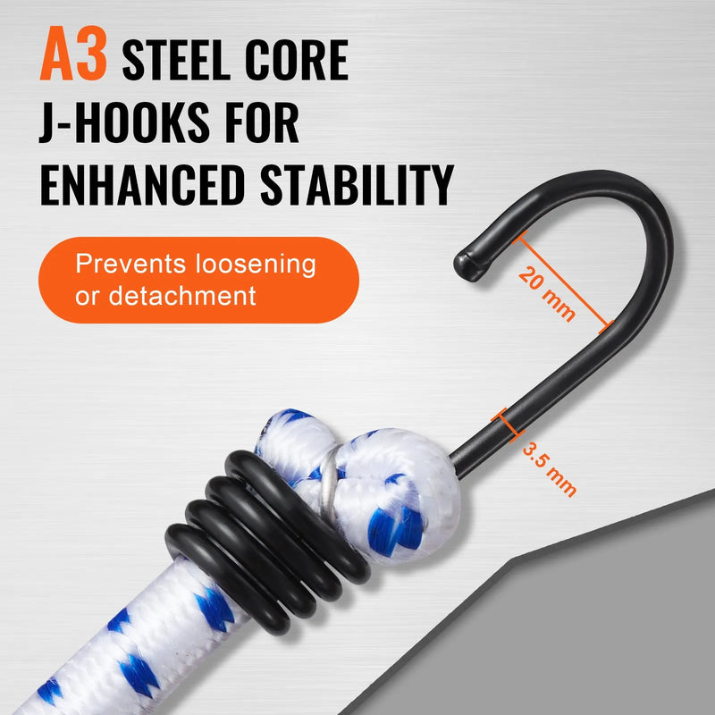 6 gab. gumijas stiprinājumi ar A3 tērauda āķiem, 183 cm smagā tipa gumijas siksnas, 12 mm