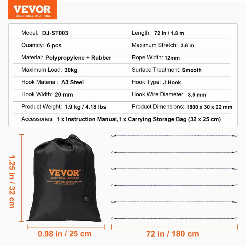 6 gab. gumijas stiprinājumi ar A3 tērauda āķiem, 183 cm smagā tipa gumijas siksnas, 12 mm