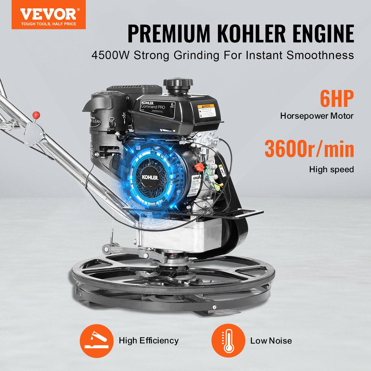 VEVOR 61 cm Petrol-Powered Concrete Trowel with Floating Disc, 6 HP Engine, for Smooth Concrete Surfaces, Heavy-Duty Professional Finishing Tool with Finishing Blades, Orange