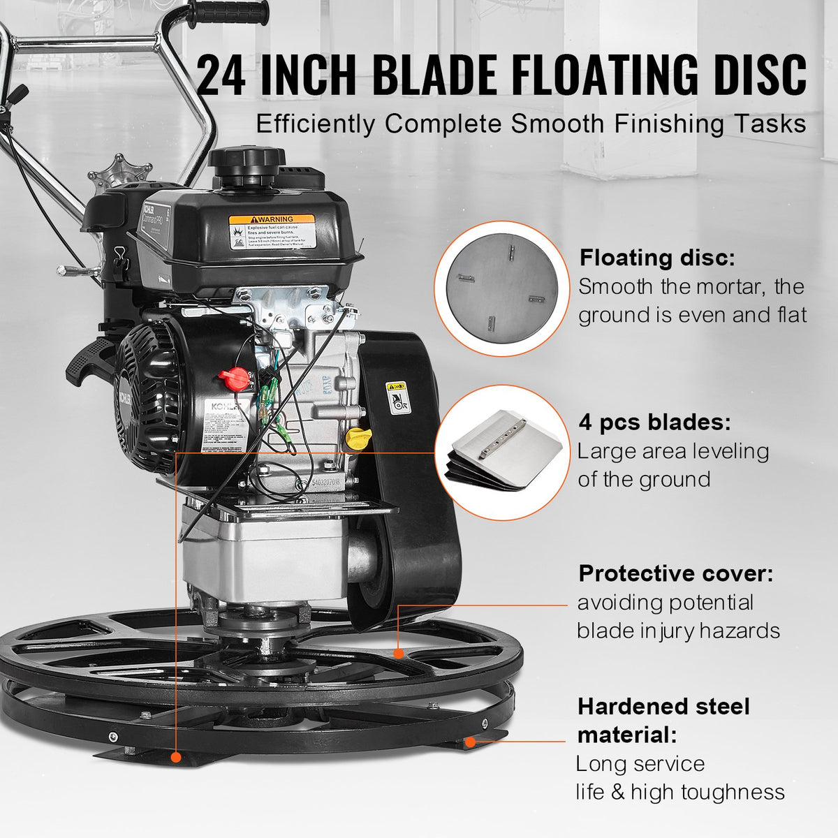 VEVOR 61 cm Petrol-Powered Concrete Trowel with Floating Disc, 6 HP Engine, for Smooth Concrete Surfaces, Heavy-Duty Professional Finishing Tool with Finishing Blades, Orange