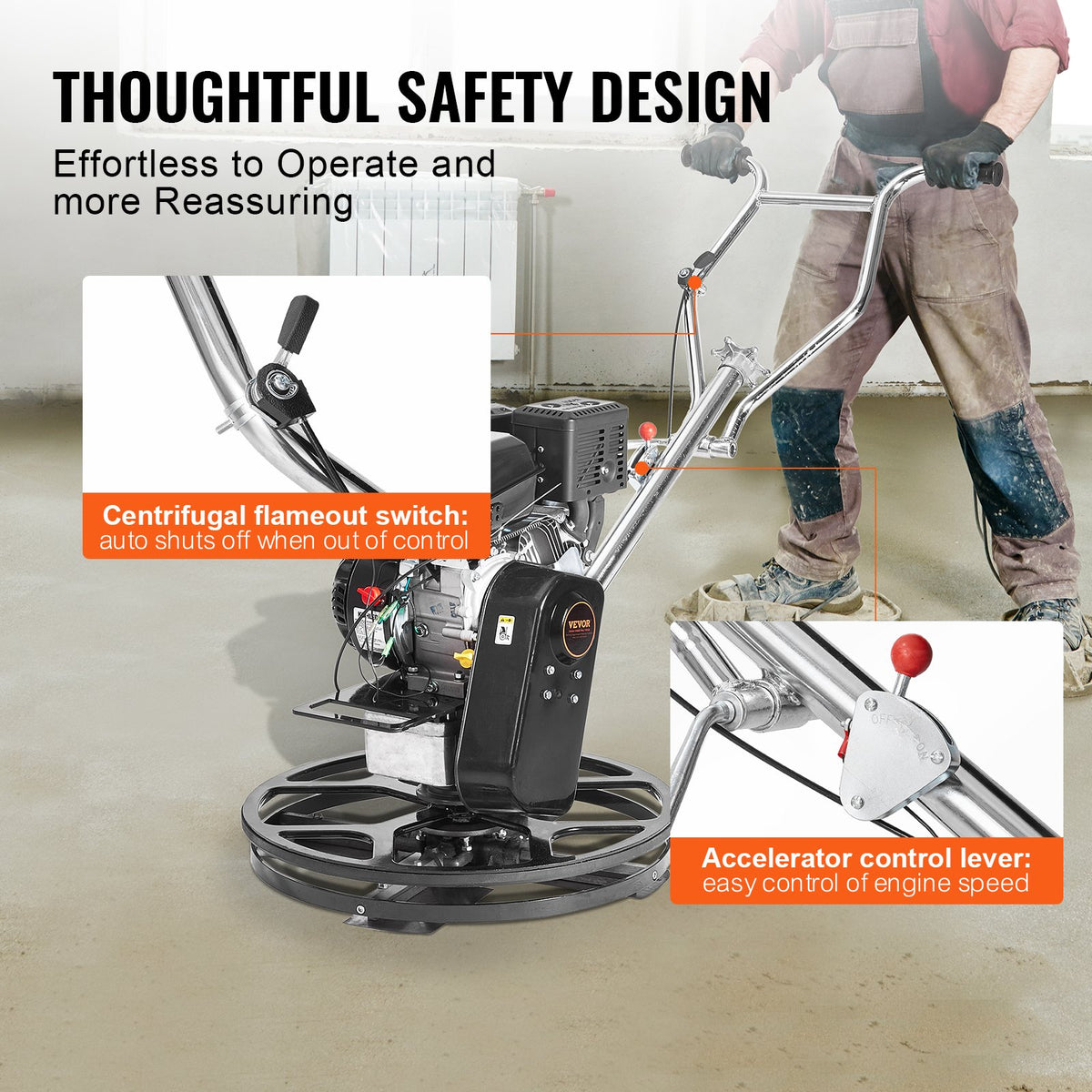 VEVOR 61 cm Petrol-Powered Concrete Trowel with Floating Disc, 6 HP Engine, for Smooth Concrete Surfaces, Heavy-Duty Professional Finishing Tool with Finishing Blades, Orange