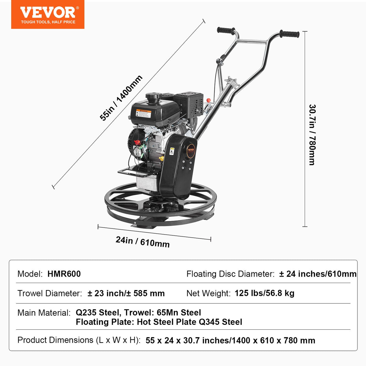 VEVOR 61 cm Petrol-Powered Concrete Trowel with Floating Disc, 6 HP Engine, for Smooth Concrete Surfaces, Heavy-Duty Professional Finishing Tool with Finishing Blades, Orange