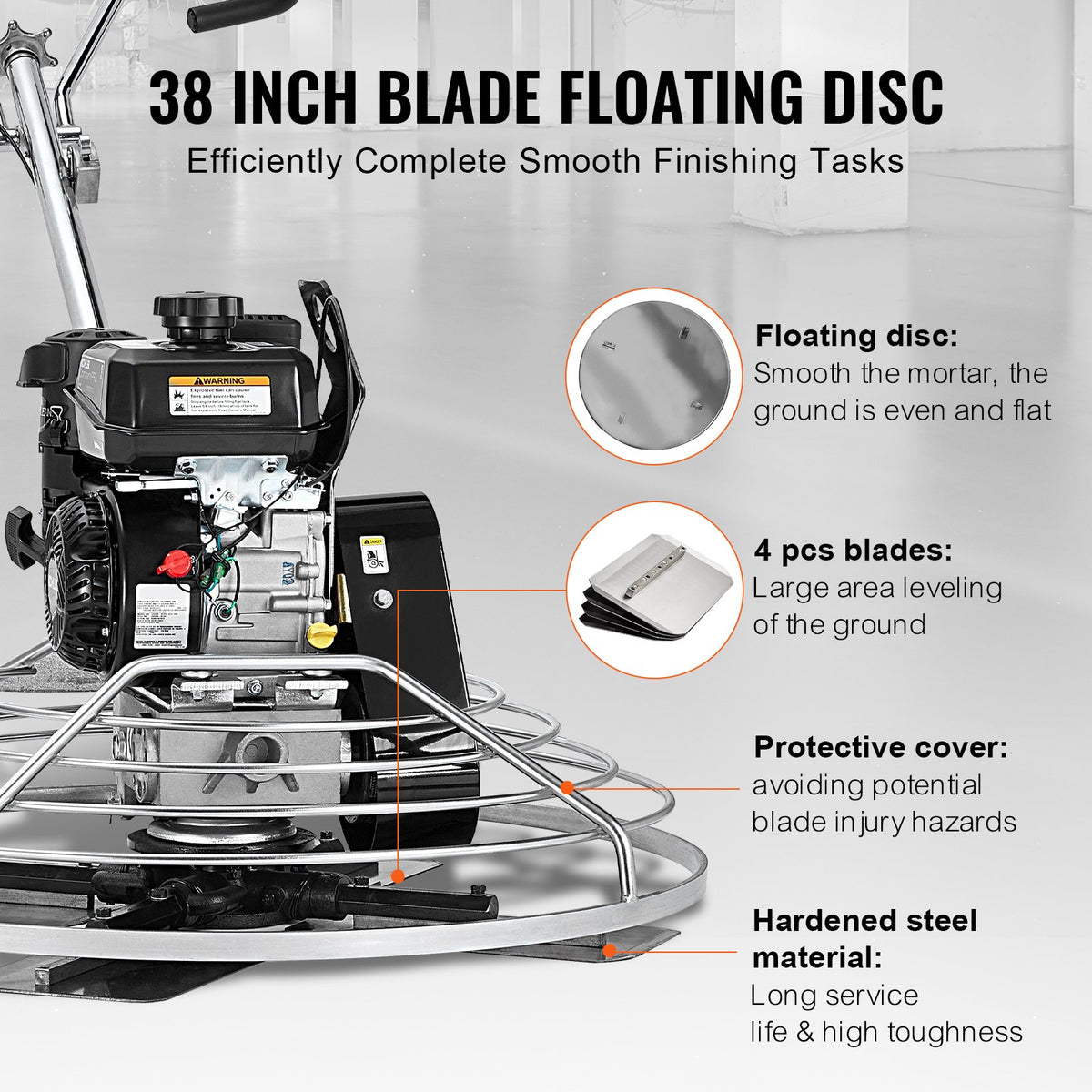 VEVOR 97 cm Petrol-Powered Concrete Trowel with Floating Disc, 6 HP Engine, for Smooth Concrete Surfaces, Heavy-Duty Professional Finishing Tool with Finishing Blades, Orange