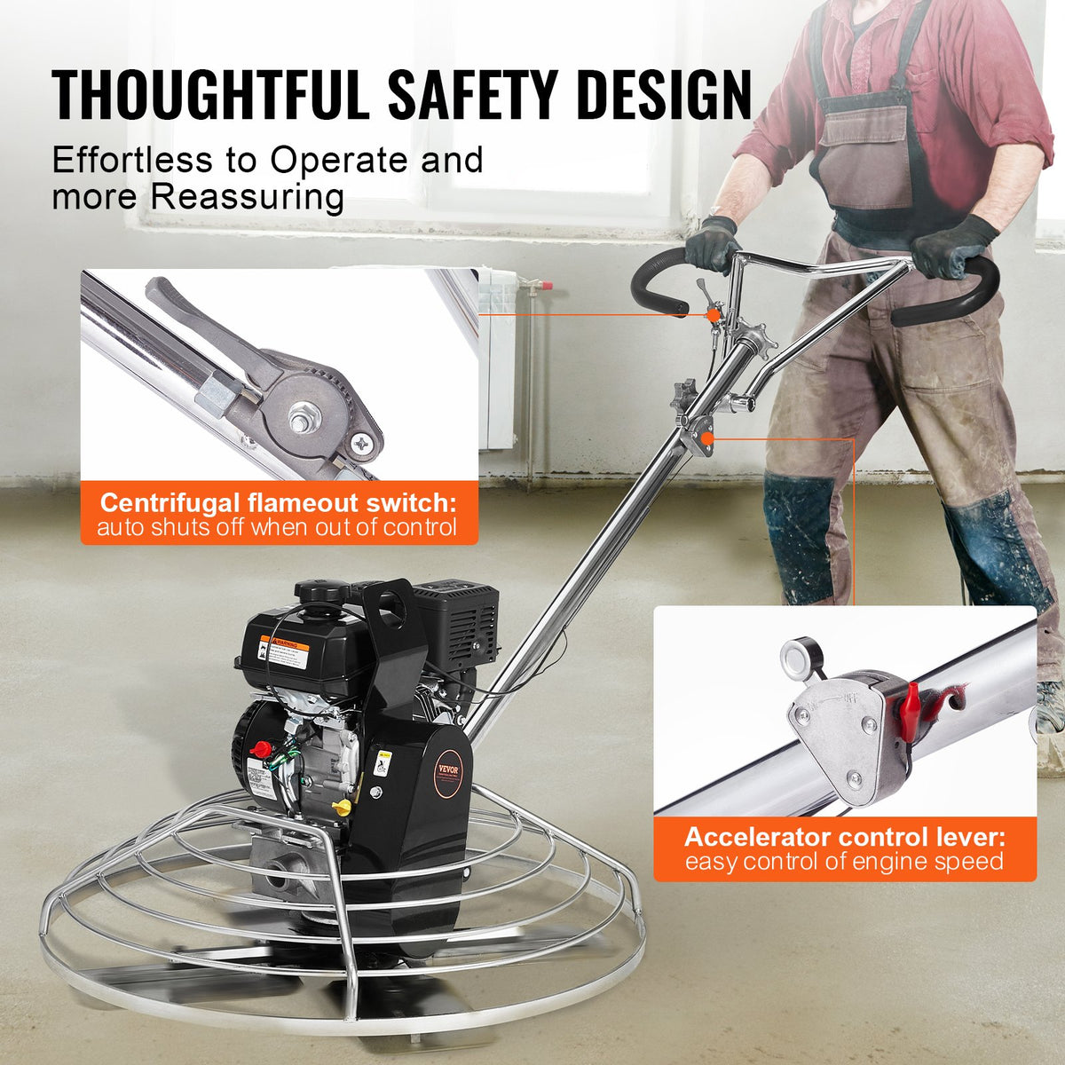VEVOR 97 cm Petrol-Powered Concrete Trowel with Floating Disc, 6 HP Engine, for Smooth Concrete Surfaces, Heavy-Duty Professional Finishing Tool with Finishing Blades, Orange