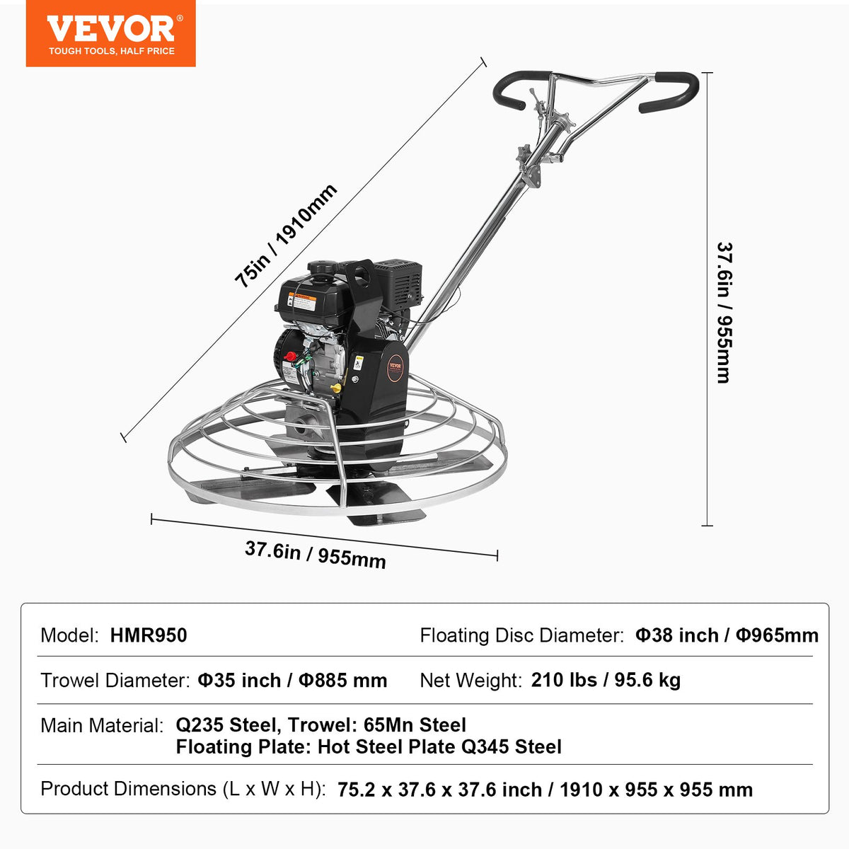 VEVOR 97 cm Petrol-Powered Concrete Trowel with Floating Disc, 6 HP Engine, for Smooth Concrete Surfaces, Heavy-Duty Professional Finishing Tool with Finishing Blades, Orange