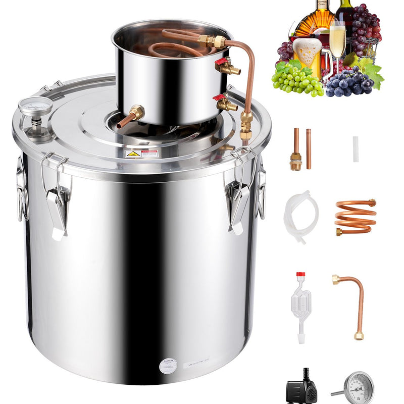 50L destilācijas aparāts ar iebūvētu termometru uz vāka un 8W ūdens cirkulācijas sūkni, šo iekārtu var izmantot augļu vīnu, brendija, degvīna, viskija, etanola, ūdens un ēterisko eļļu destilācijai.