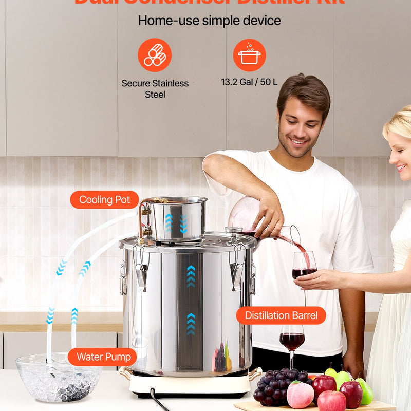 50L destilācijas aparāts ar iebūvētu termometru uz vāka un 8W ūdens cirkulācijas sūkni, šo iekārtu var izmantot augļu vīnu, brendija, degvīna, viskija, etanola, ūdens un ēterisko eļļu destilācijai.