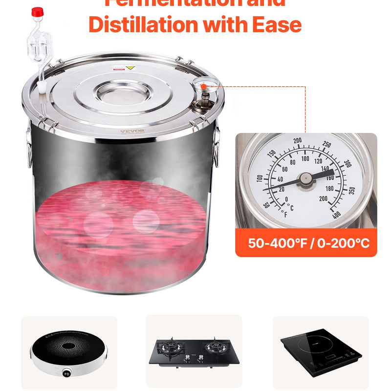 50L destilācijas aparāts ar iebūvētu termometru uz vāka un 8W ūdens cirkulācijas sūkni, šo iekārtu var izmantot augļu vīnu, brendija, degvīna, viskija, etanola, ūdens un ēterisko eļļu destilācijai.