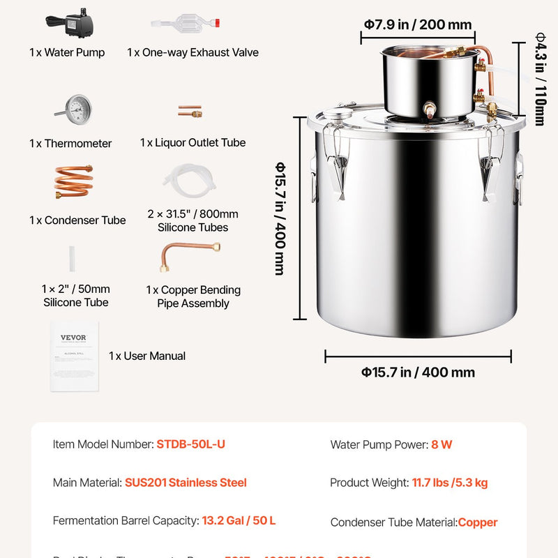 50L destilācijas aparāts ar iebūvētu termometru uz vāka un 8W ūdens cirkulācijas sūkni, šo iekārtu var izmantot augļu vīnu, brendija, degvīna, viskija, etanola, ūdens un ēterisko eļļu destilācijai.
